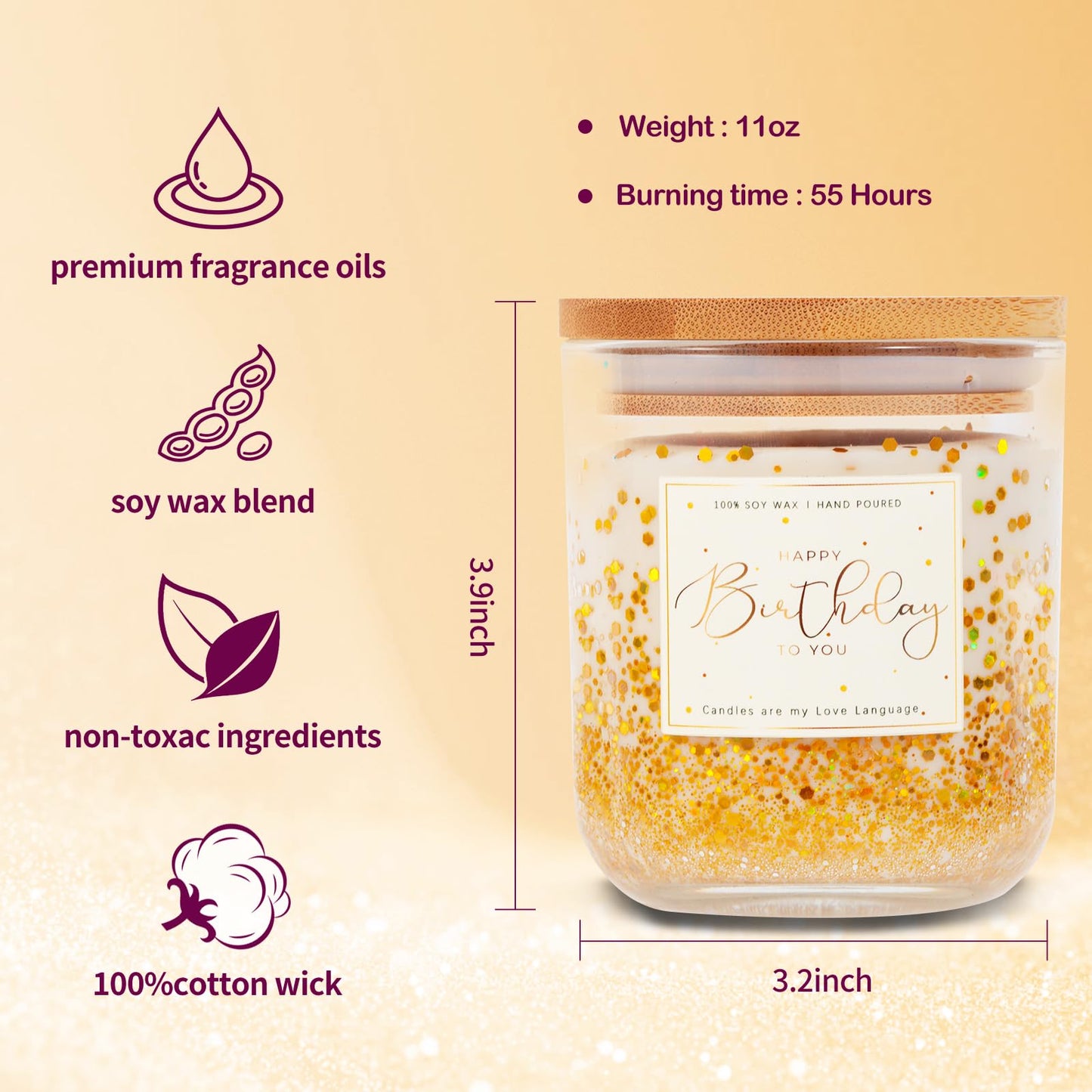 Birthday Gifts for Women-11oz Vanilla Scented Candle with Golden Glitter, Unique Birthday Gifts for Friends, Bestie, Mom, Sister