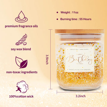 Birthday Gifts for Women-11oz Vanilla Scented Candle with Golden Glitter, Unique Birthday Gifts for Friends, Bestie, Mom, Sister