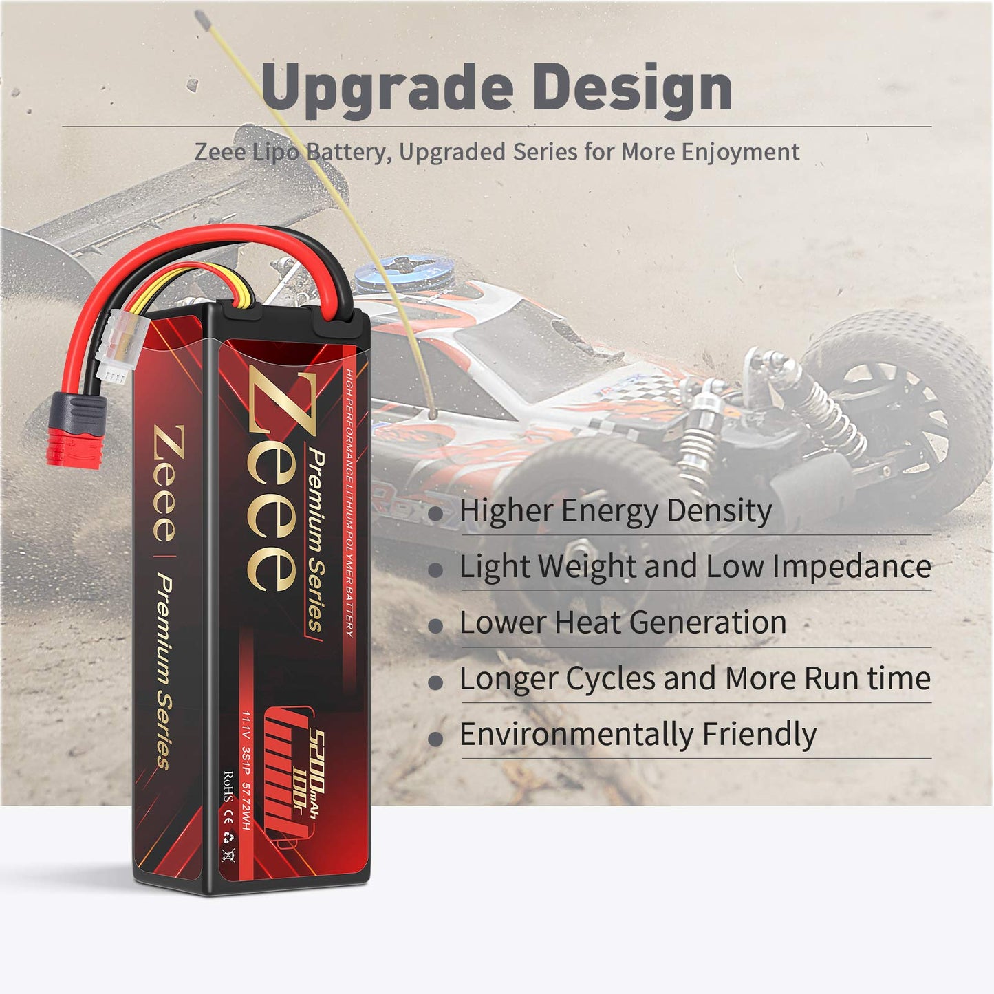 Zeee Premium Series 3S Lipo Battery 11.1V 100C 5200mAh Hard Case Battery with Deans T Connector for RC Car Boat Truck Helicopter