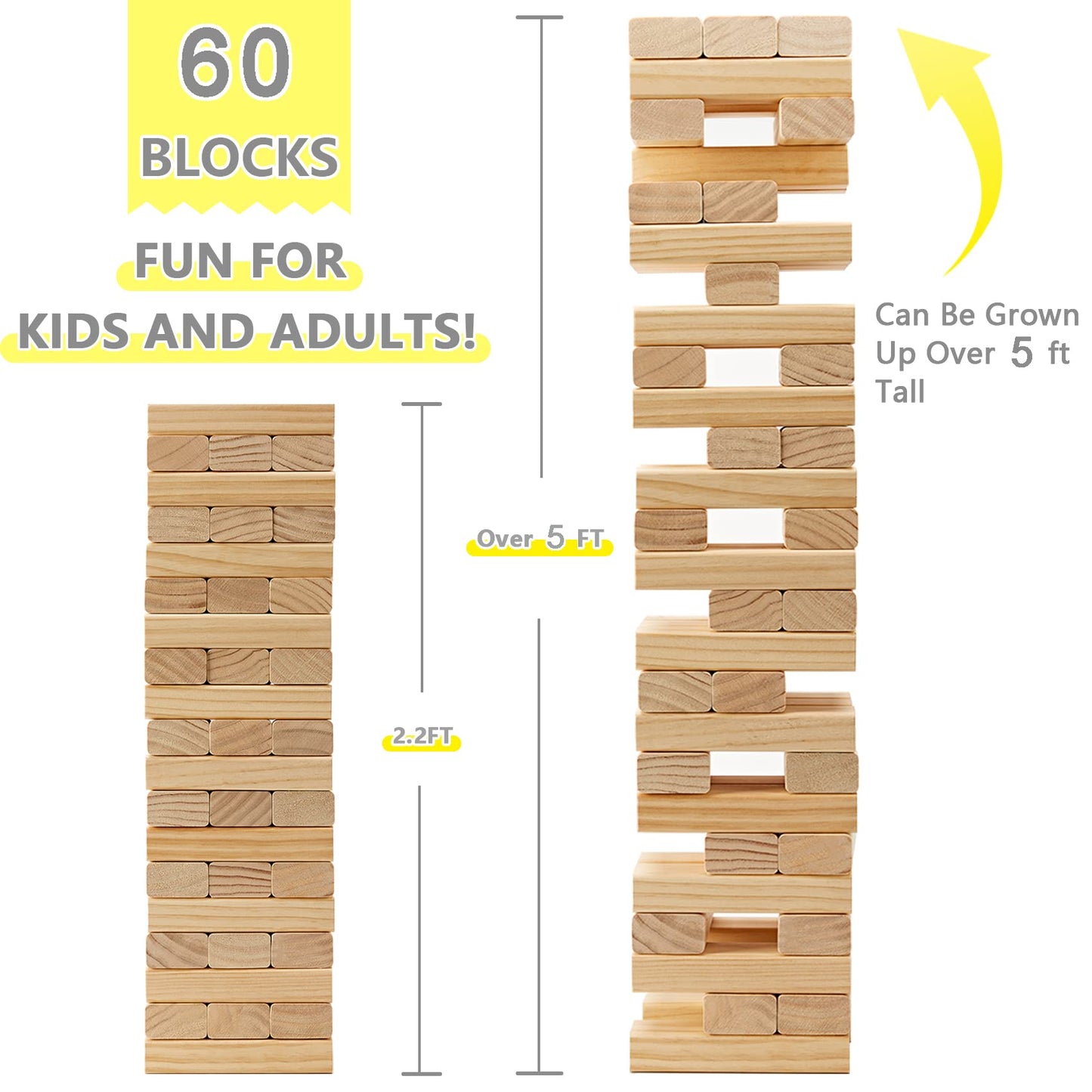 Gorock Giant Tumble Tower, Indoor Outdoor Stacking Timber Games For Kids Adults Family, 60 Pcs Wooden Block Building Family Game