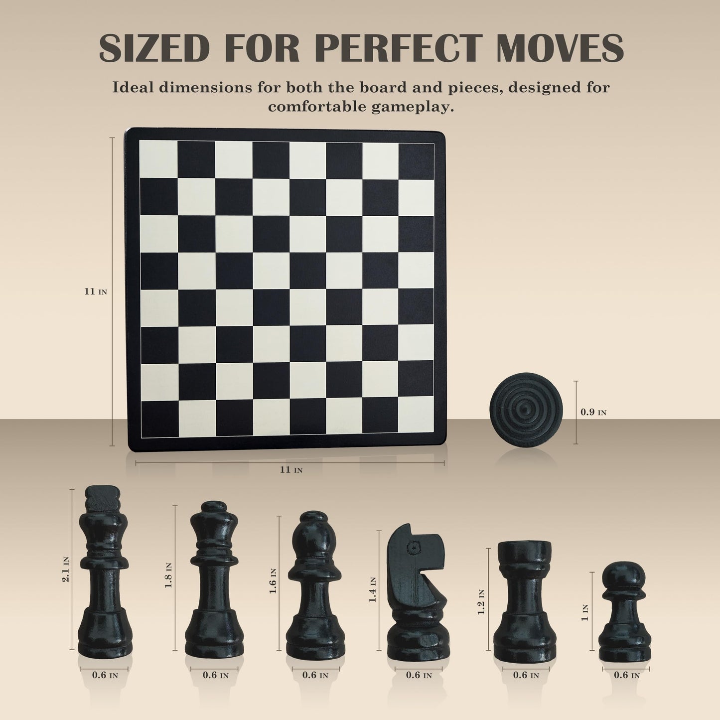 3 In 1 Chess, Checkers And Tic-Tac-Toe Set - Wooden Chess Set, Double-Sided 11'' Game Board With Extra Queens - Fun Family Chess