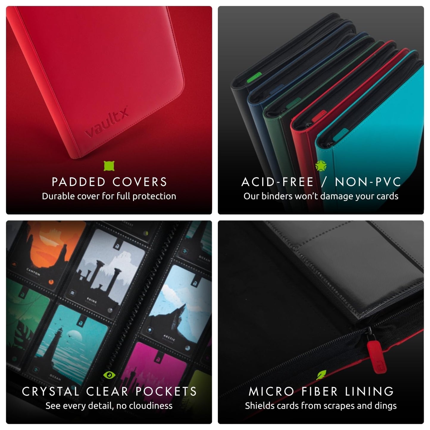 Vault X 12 Pocket Trading Card Zip Binder - 480 cards  enhanced Exo-Tec Album Material  20 Side-Loading Pages  Folder for Collectible Card Games  Sports  TCG (Red)