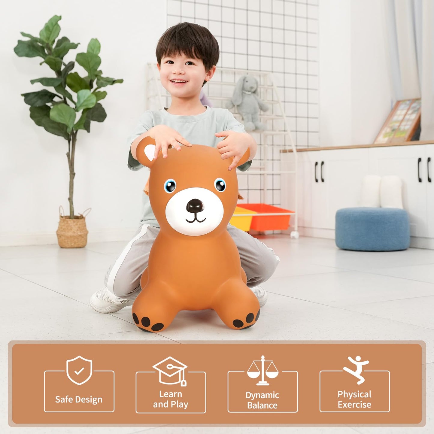 Inpany Teddy Bear Bouncy Horse Hopper Toys, Toddlers Bouncing Animal, Teddy Bear Baby Shower Decorations, Kid Ride On Rubber Bouncer, Outdoor Indoor Cute Birthday Gifts For 2 3 4 Year Old Girls Boys