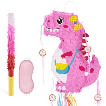 Wernnsai Foldable Dinosaur Piñata - Pull String Dinosaur Birthday Party Supplies Extendable Piñata With Blindfold Bat And Tassels Dinosaur Birthday Decoration Pink Dinosaur Piñatas For Classroom Game