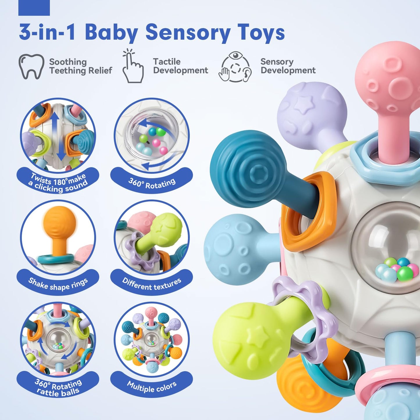 Baby Sensory Teething Toys Set, Montessori Baby Toys 6-12 Months, Incl Newborn Rattle Teether & Baby Blocks & Soft Stacking Rings, Ideal Baby Boy Girl Gifts, Infant Toys 0-3-6-9-12-18 Month