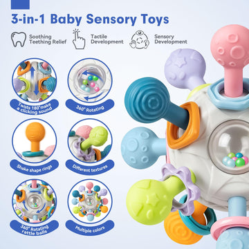 Baby Sensory Teething Toys Set, Montessori Baby Toys 6-12 Months, Incl Newborn Rattle Teether & Baby Blocks & Soft Stacking Rings, Ideal Baby Boy Girl Gifts, Infant Toys 0-3-6-9-12-18 Month