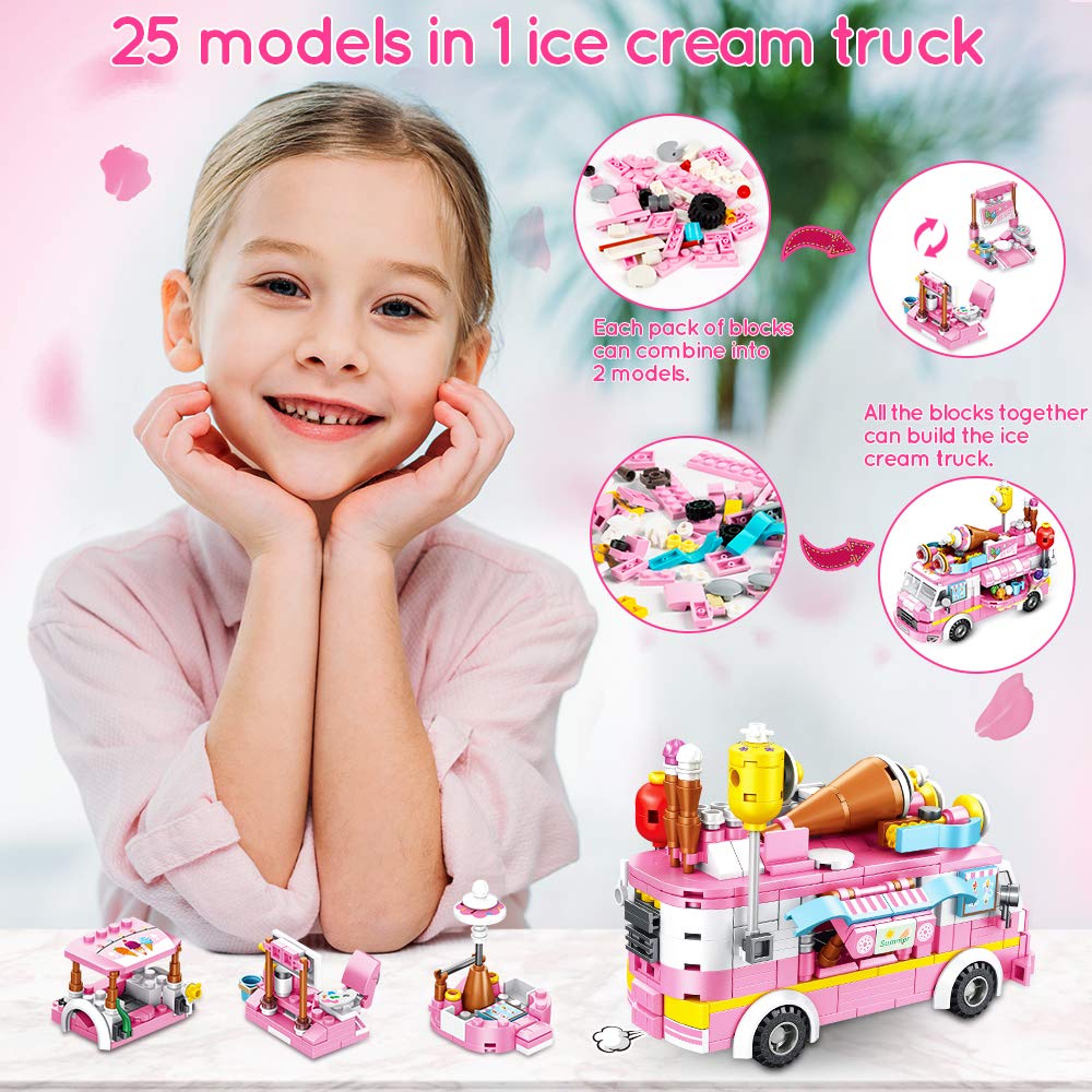 Vatos Girls Building Blocks Toys - 553 Pieces Ice Cream Truck Set Toys for Girls 25 Models Pink Building Bricks Toys STEM Toys V