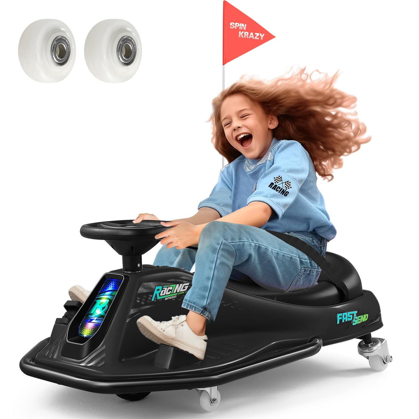 360 Degrees Rotating Ride On Drift Car And 2 Replacement Universal Wheels, 24V Electric Drifting Go Kart For Kids W/Brushless Mo