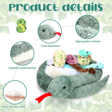 Leitee 7 Pcs Snake Plush Toy Set 63 Inch Large Mommy Snake Stuffed Animal With Cute Baby And Eggs In Zippered Belly For Kids Birthday Forest Party Favors Prank Props Bedroom Decors(Vivid Style)