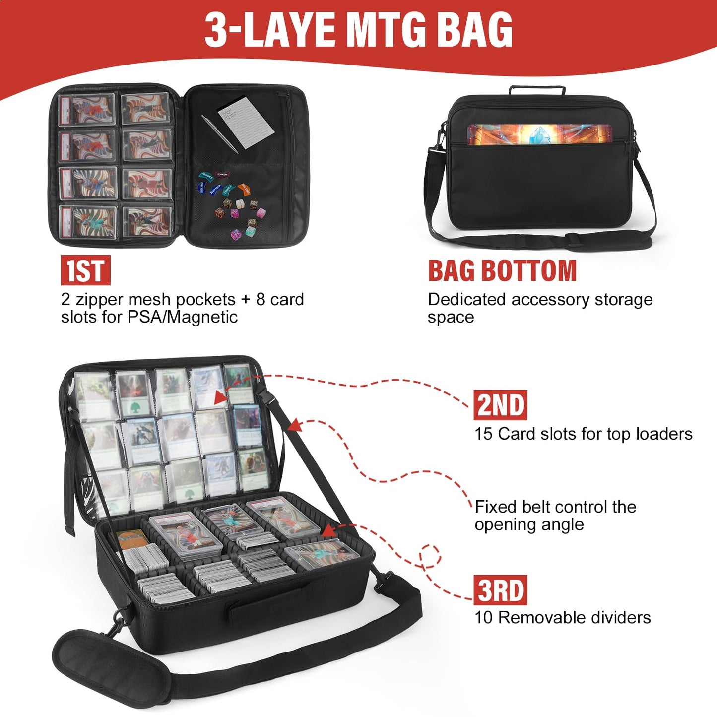 Xykzra MTG Bag Card Storage Box for 2000+ Cards 3-Layer Card Deck Box with Dividers and Shoulder Straps Trading Card Case Fits for MTG/TCG/Magic/Sports Cards - Black