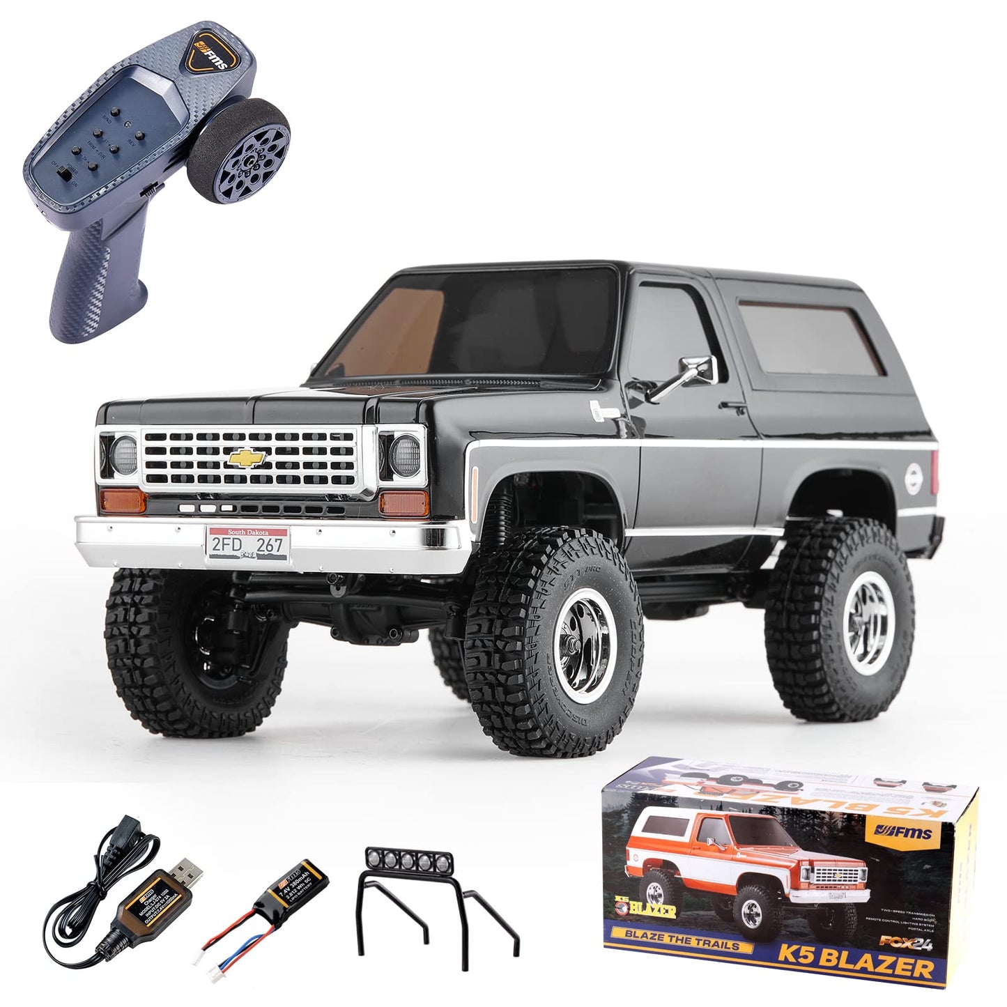 Eazyrc X Fms Fcx24 1/24 Chevy K5 Blazer 1976S Rc Rock Crawler 4X4 Rtr Black, With Lisense Rc Truck, 4Wd 5Km+ 2-Speed Transmissio