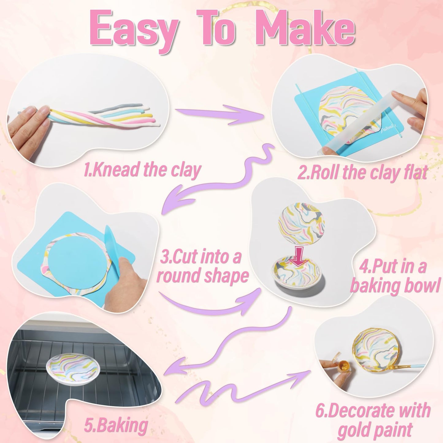 Patemby Clay Jewelry Bowls Arts and Crafts Kit - DIY Polymer Clay Dish for Teens, Multi-Color, Ages 8-12, Model: CLAY JEWELRY BOWL CRAFT