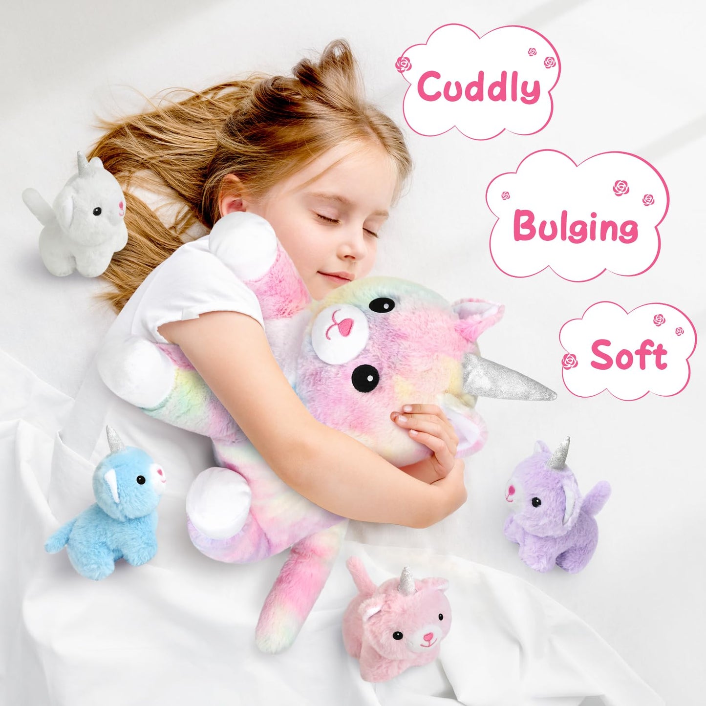 Kmuysl Plush Unicorn Kitty Toys For Girls Ages 3 4 5 6 7 8+ Year - Cat Mommy Stuffed Animal With 4 Baby Kitties In Her Tummy, Animal Stuffed Toys Set, Christmas Valentines Birthday Gifts For Girls
