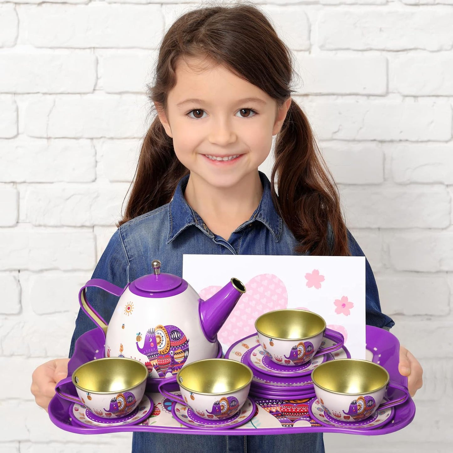 Kiddie Play Tea Set For Little Girls, Pretend Play Tea Party Set, Elephant Design Kids Tin Tea Set With Carrying Case (15 Pcs)