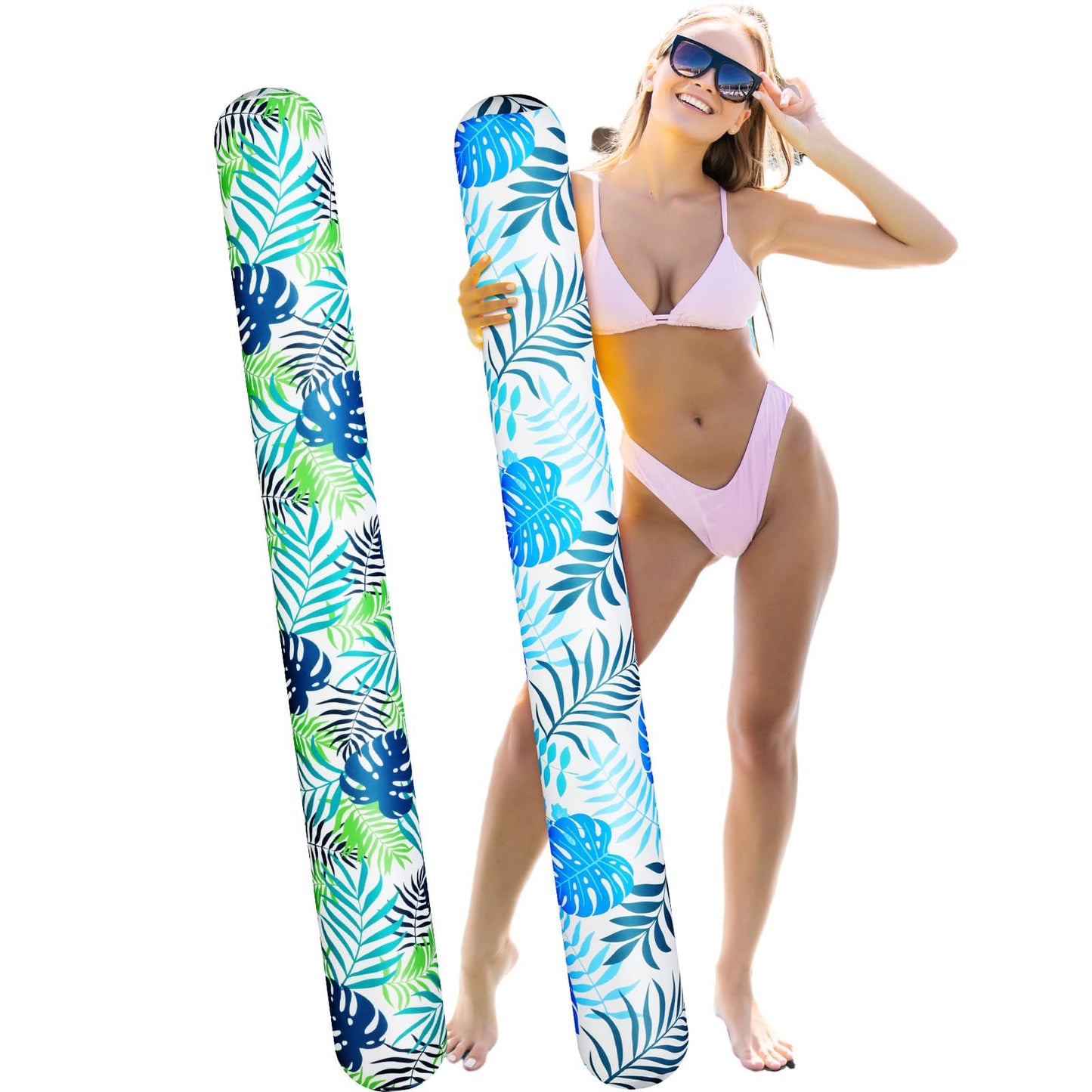 Soulchen 2 Pack Inflatable Pool Noodles Soft Fabric Covered 54'' Large Swim Noodles for mature-themeds Hawaii Tropical Palm Leaves enhanced Buoyancy for Pool Swimming Floating Beach Party Decor (Cool-Toned)