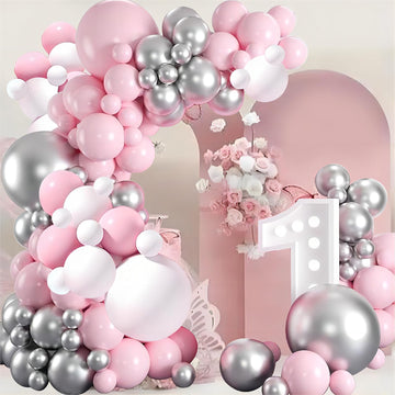 Felice Arts Birthday Baby Shower Balloon Arch Pink And White Different Size Balloons Garland Kit Latex Balloons Silver Chrome Balloons For Wedding Bridal Baby Shower Party Decoration