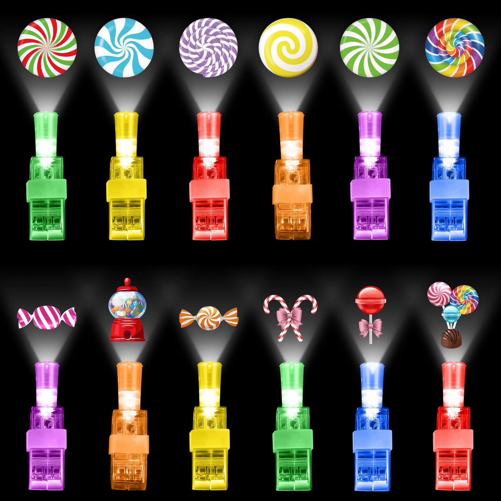 Capoda 36 Pack Candy Theme Party Favors, LED Finger Lights Glow in the Dark Projection Rings for Kids Stocking Stuffers Party Fa
