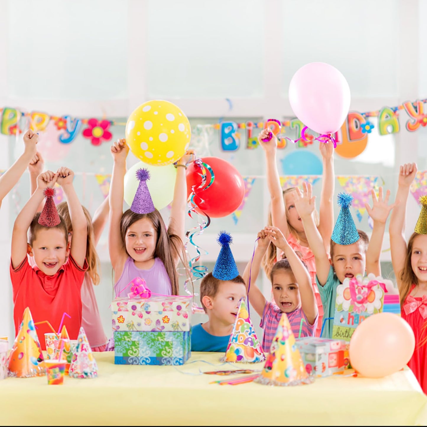 Sundecor Birthday Party Cone Hats, Lovely Glitter Shiny Party Hat Cone Paper Hats With Pom Pom For Birthday Party Games Accessor