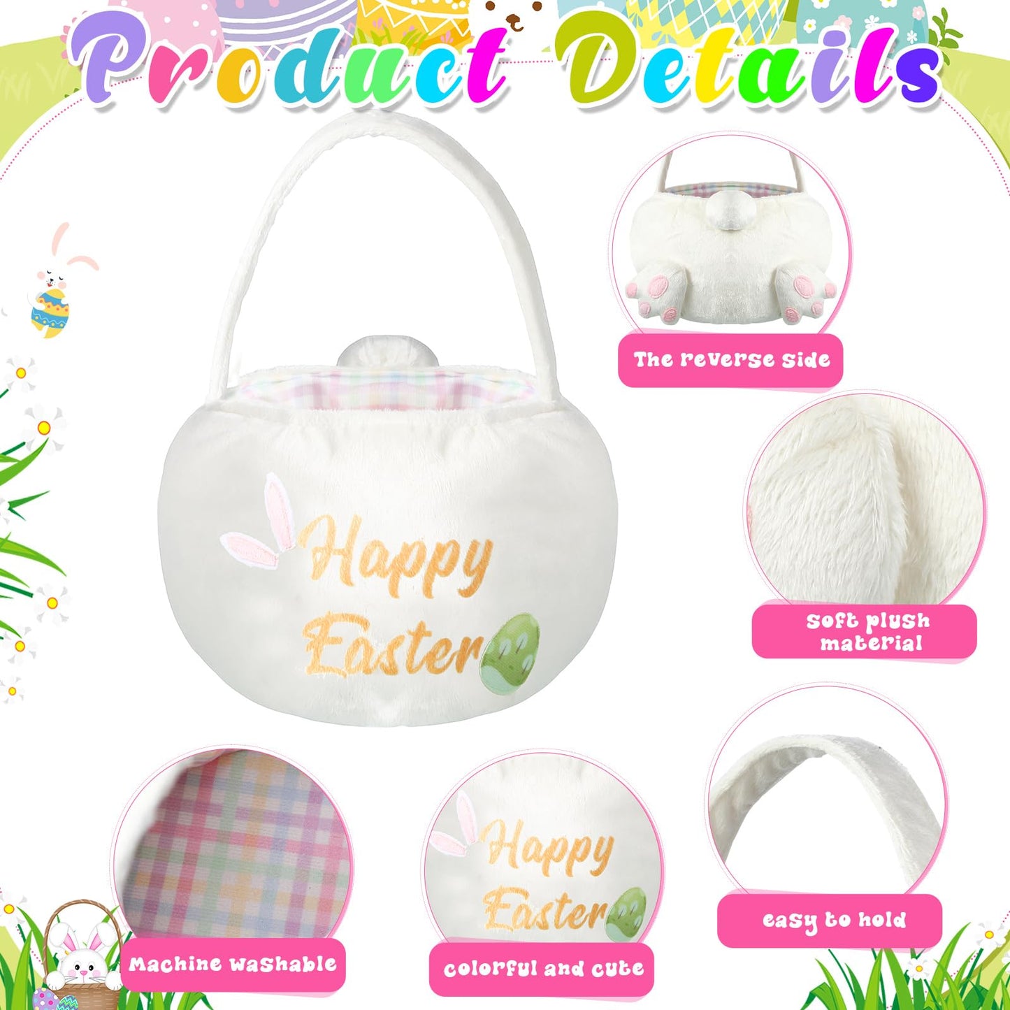 Blosssound Stuffed Easter Basket Filled with Plush Bunny Chick Carrot Rabbit Ears Headband for Kids Toddler Boys Girls Premade E