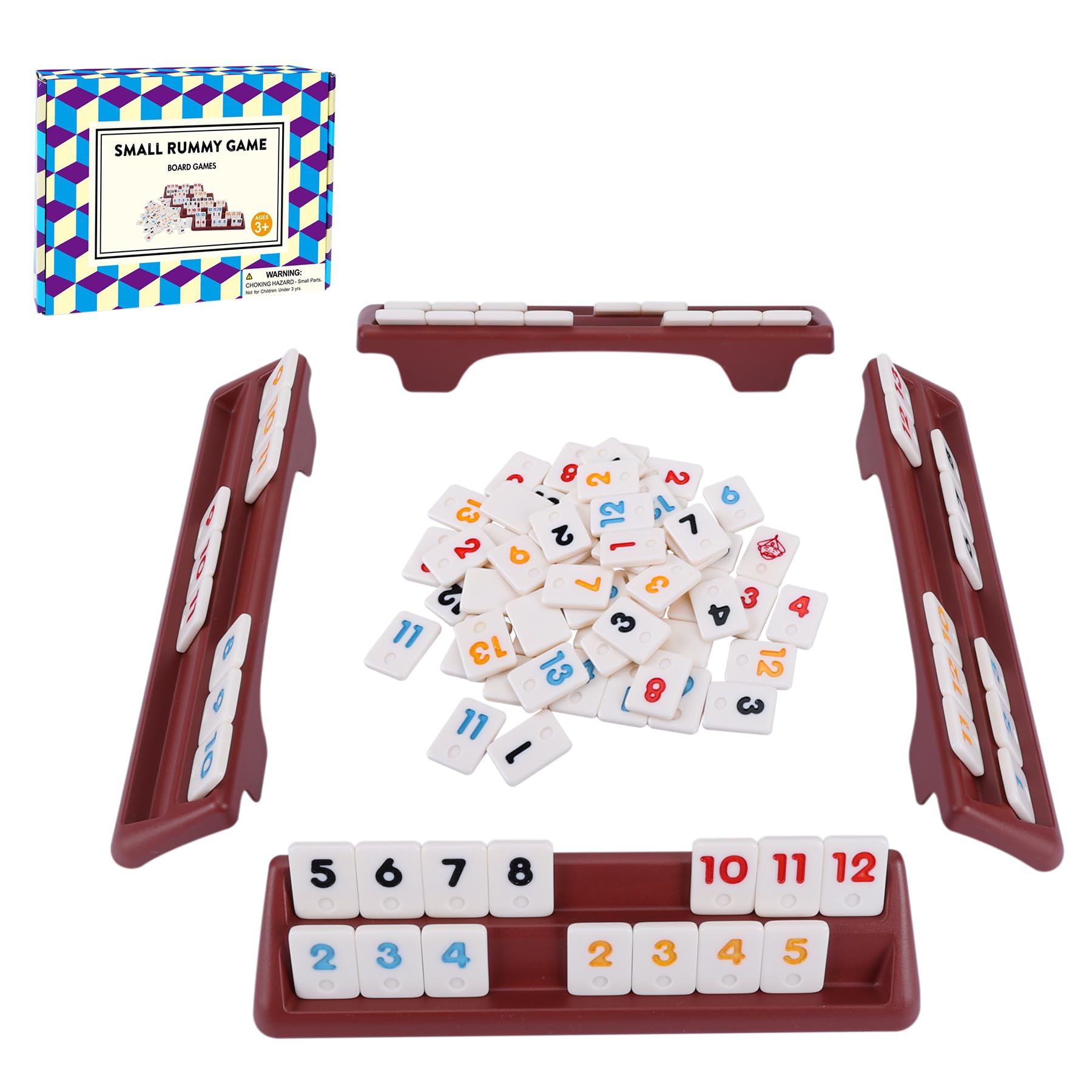 Offelec 106 Rummy Tiles Game with 4 Double Tiles Holders/Trays  Travel Size Rummy Cube Set  Classic Mini Rummy Game for mature-themed Kids and Family  2-4 Palyers