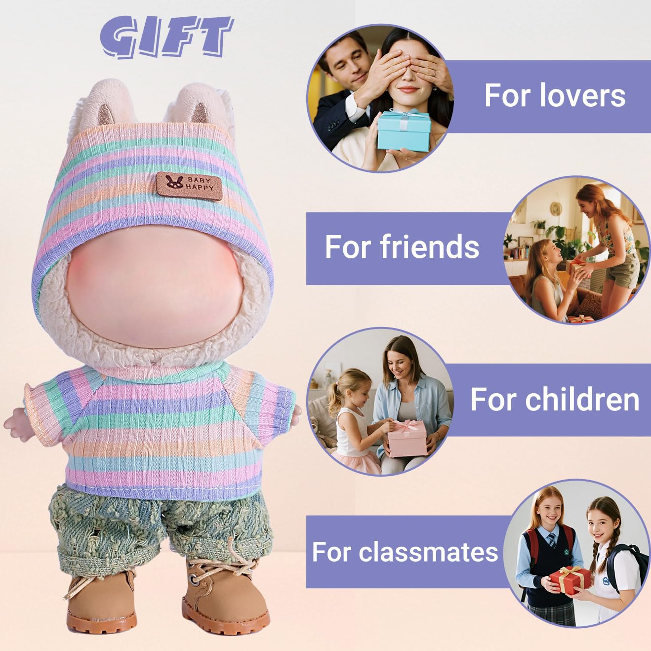 4-Piece Handcrafted Crochet 17cm/15cm Doll Clothes for Labubu (No Doll)  Cute and enhanced Rainbow Outfits with Accessories  Hand Crocheted Hat  Sweaters  Pants  Camera Bag for Girls Boys AK071