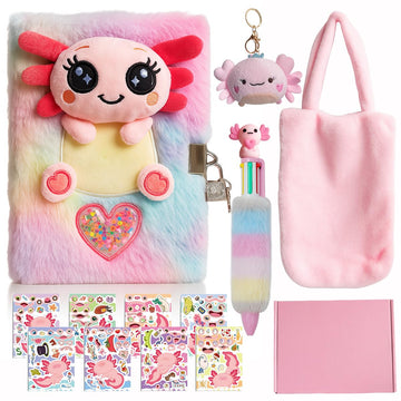 Axolotl Diary Kit with lock Axolotl Gifts Set for Girls Secret Diary Journal Notebook Plush Carrier Bag Multicolored Pen Cute Keychains Stickers Idea Birthday Gift For Girls 5 6 7 8 9 10-12 Years Old
