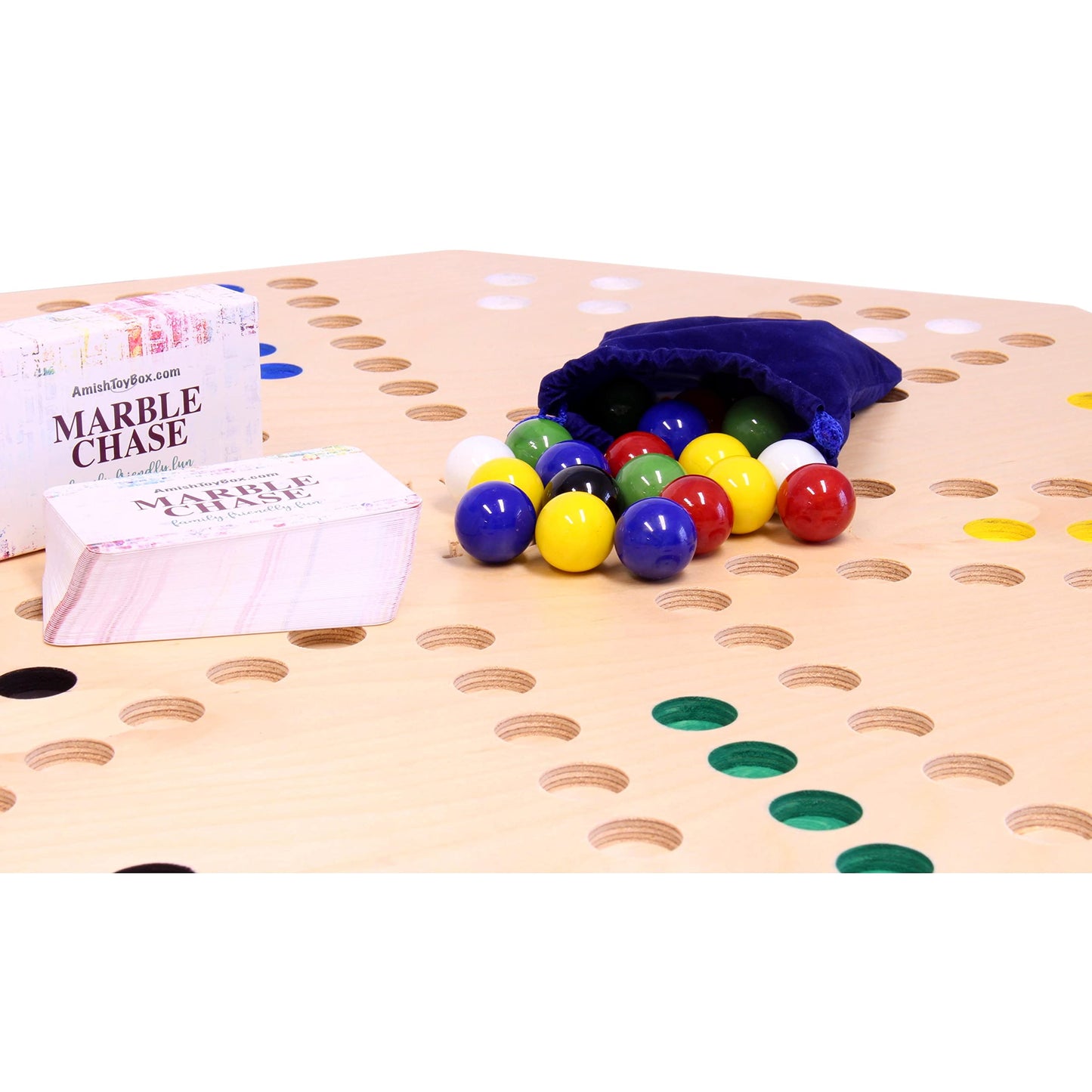 Amishtoybox.Com Travel Marble Chase (Cards N' Marbles) Wooden Board Game Set - Double-Sided 23'' Wide Board - Includes Carry Bag