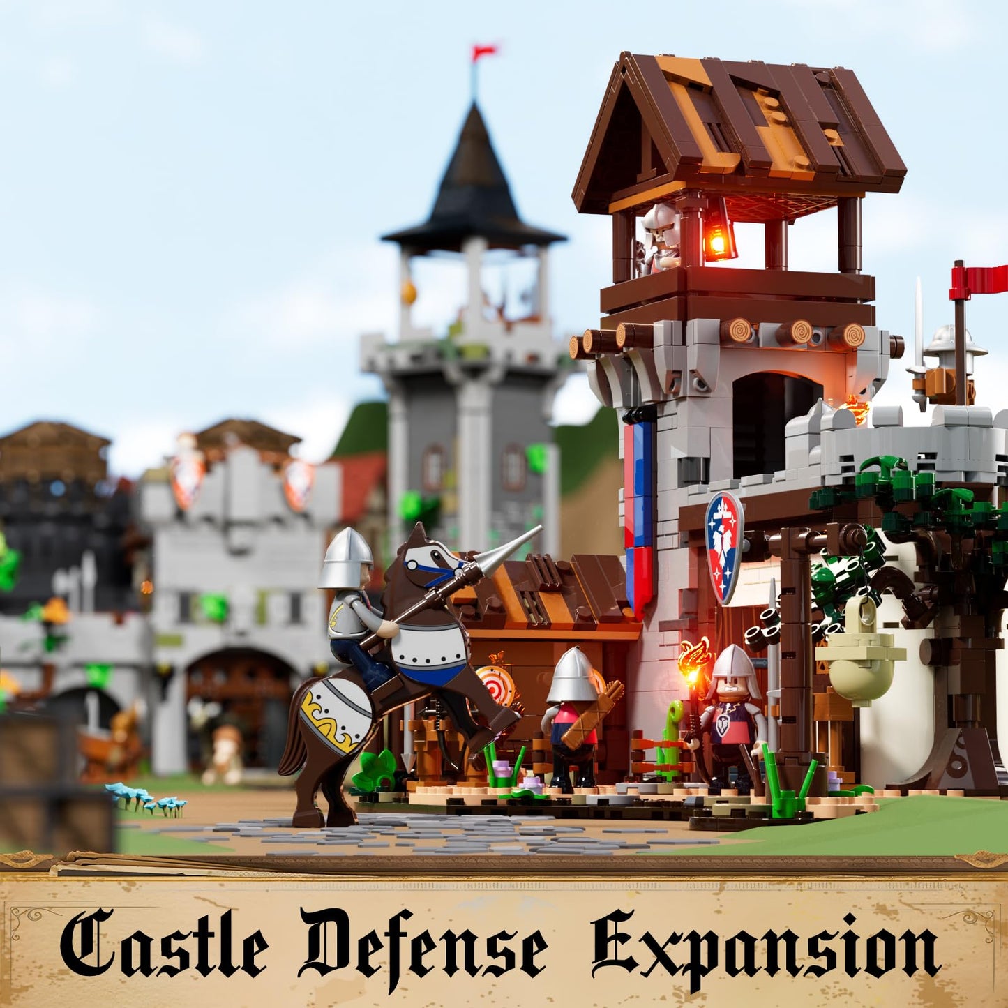 Funwhole Medieval Training-Ground Lighting Building-Bricks Set - Creator Castle With 5 Medieval Soldier Minifigures Collectible Display Set 964 Pcs For Adults And Teen