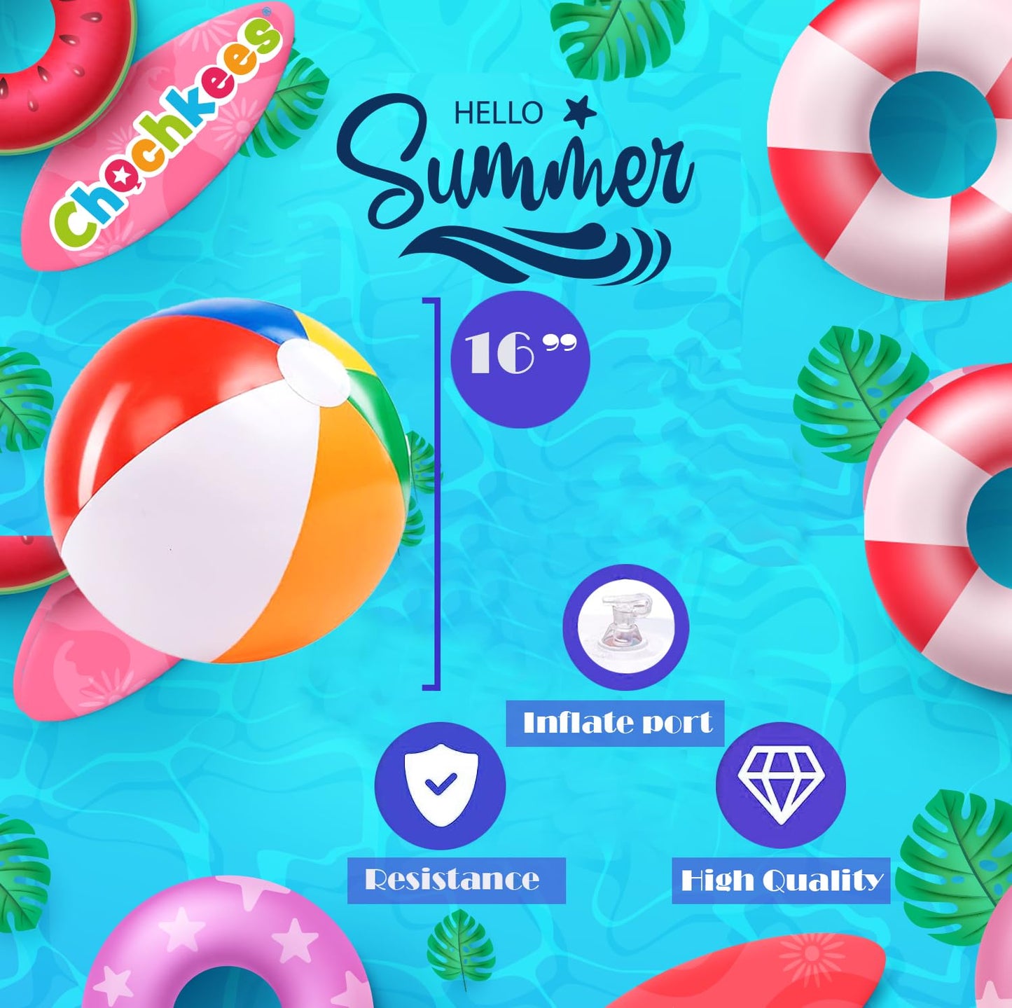 Chochkees 48 Pack 16 Inch Beach Balls - Large Inflatable Rainbow Beach Balls Perfect ffor Swimming Pool Party and Summer Fun Toy