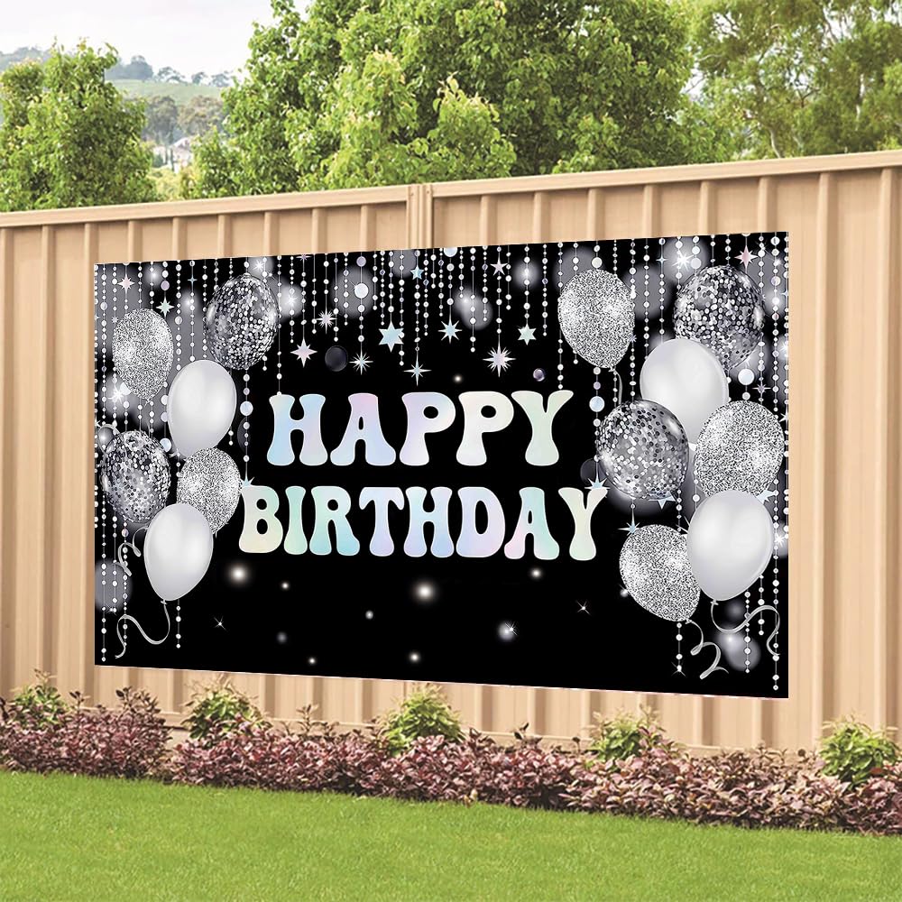 Silver Black Birthday Paty Backdrop Silver Black Happy Birthday Banner Silver Black Photography Background For Home Decorations