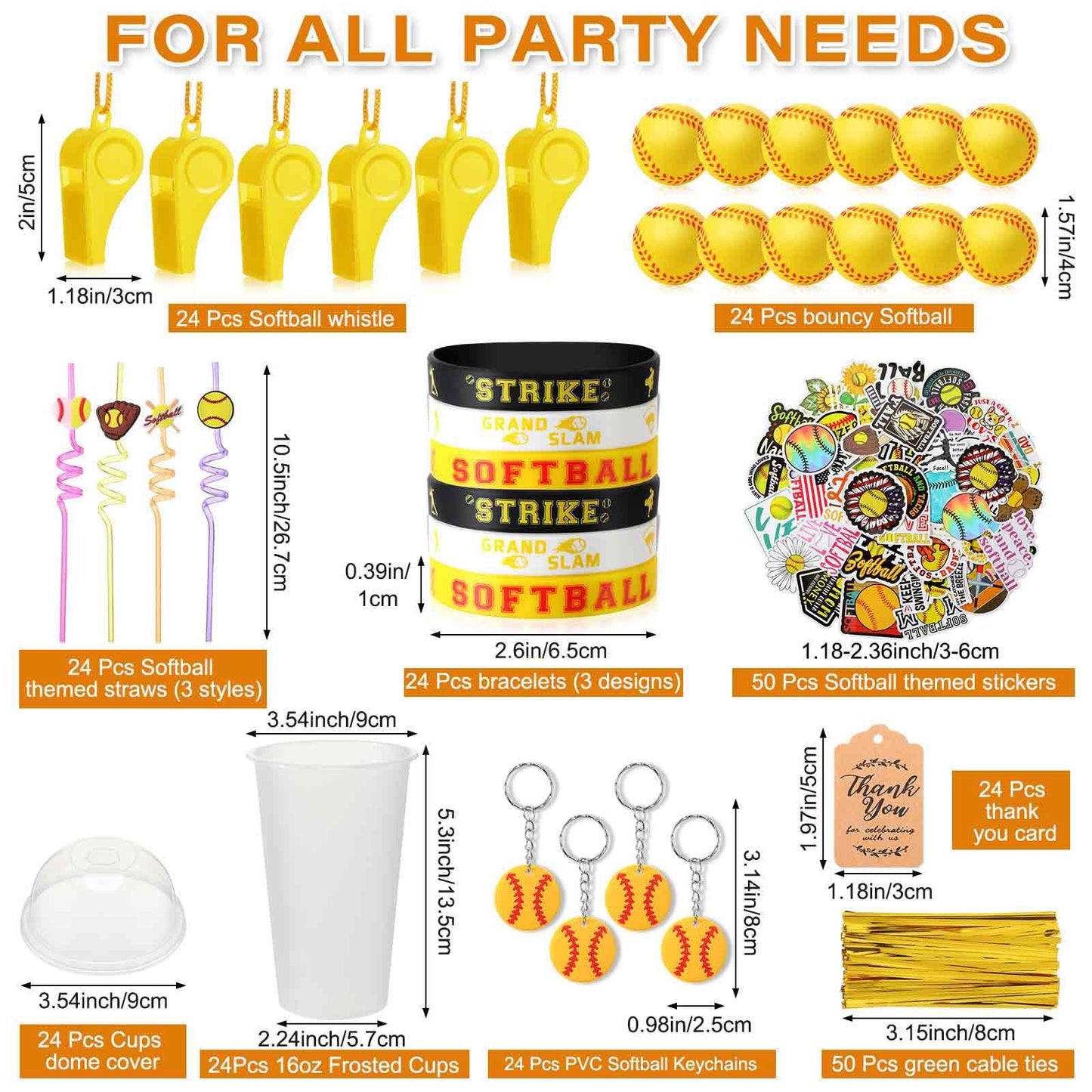 Weysat 268 Pcs Softball Party Favors Sets for 24 People Birthday Gifts Goody Cups with Straws Key Chains Whistles Silicone Wrist