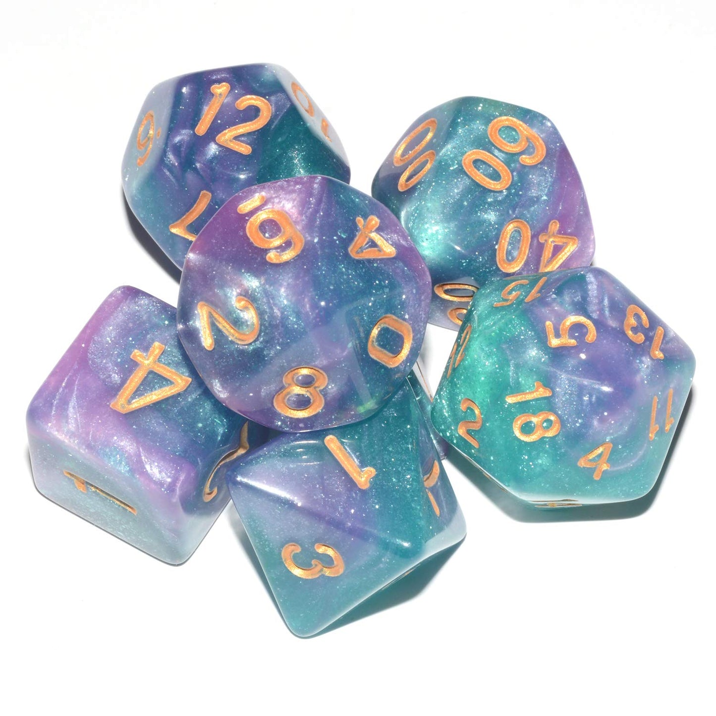 DND Dice 7Pieces, Cosmic Purple Green Mixed Polyhedral DND Dice for RPG MTG Table Game Dice