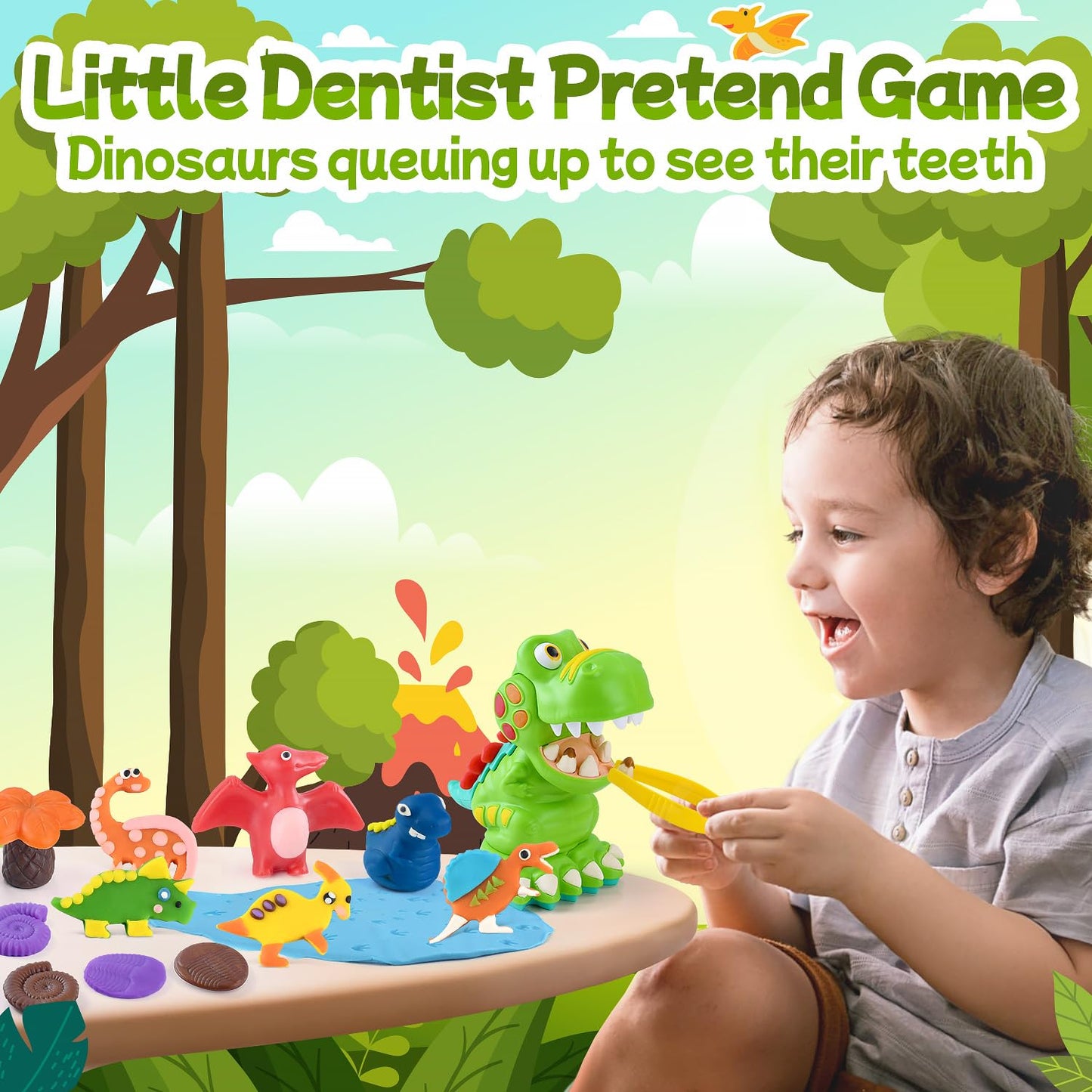 PLAY Dinosaur Clay Sets for Ages Kids 4-8 - Color Dough Toys with Dentist Play Set, 15 Dough Tool Set with Volcano, Dinosaur Foo