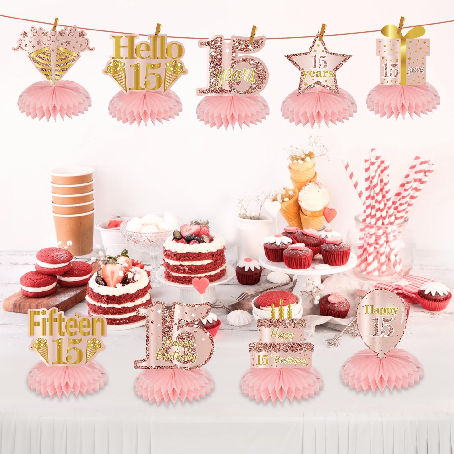Turypaty Pink Rose Gold 15Th Birthday Honeycomb Centerpieces Decorations For Girls, 9Pcs Rose Gold Happy 15Th Birthday Table Cen