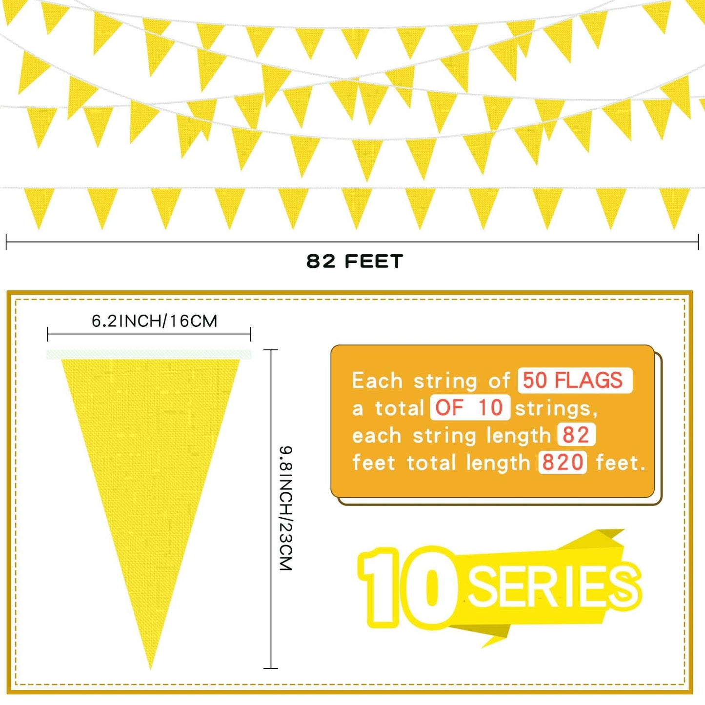 Tatuo 820 Ft 500 Pcs Pennant Banner Flag String Hanging Triangle Bunting Flag For Party Celebration Holiday Wedding Decoration, 10 Set (Yellow)