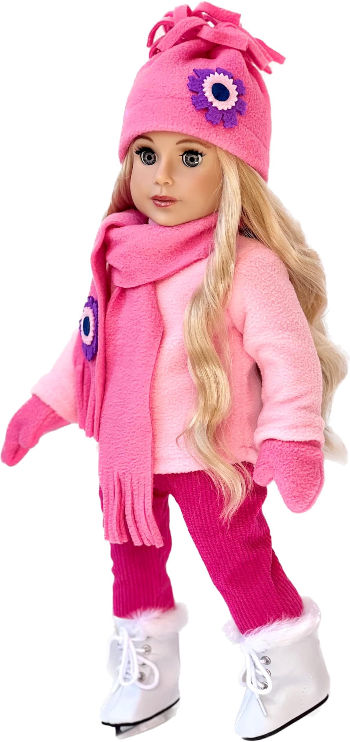 - Ice Skating Fun - 6 Piece Outfit Fits 18 Inch Doll - Pink Fleece Blouse With Stretchy Leggings, Hat, Scarf, Mittens And White Ice Skates - (Doll Not Included)
