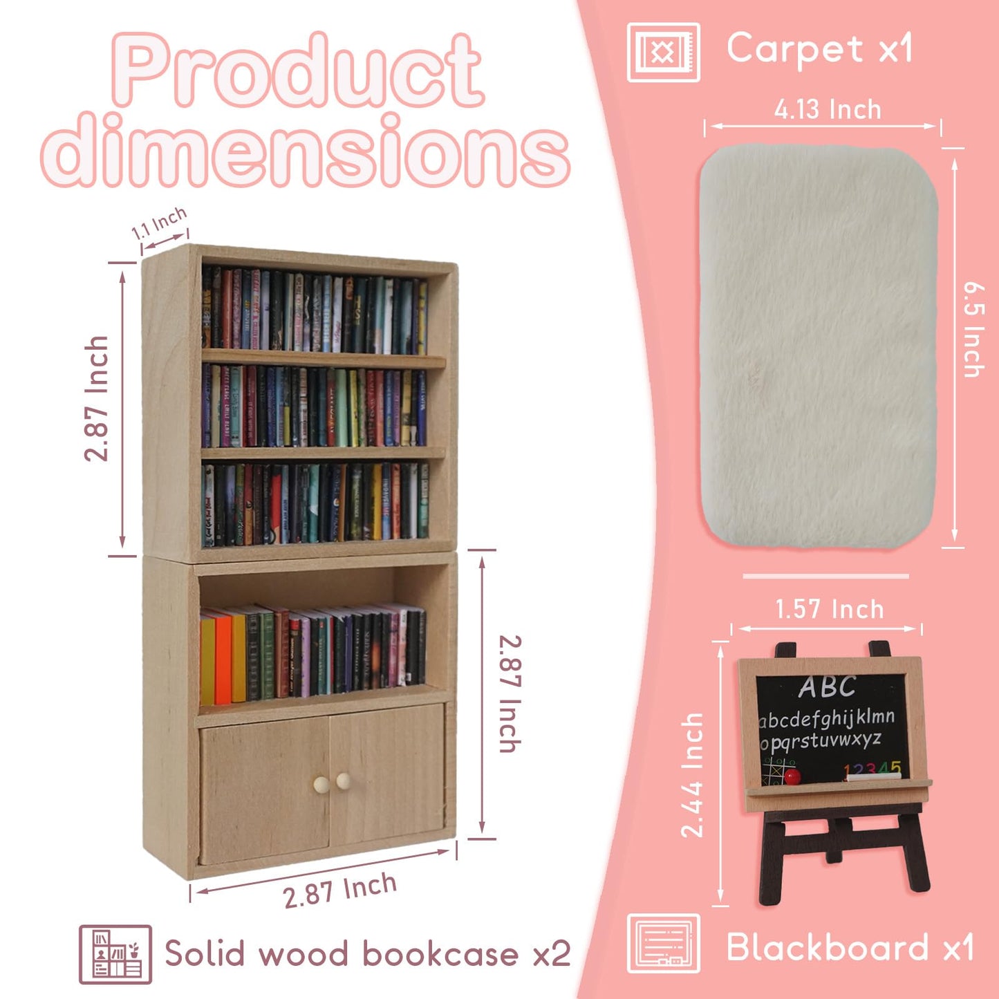 1:12 Scale Dollhouse Bookshelf Set - 2 Mini Wooden Bookshelves, 100+ Blank Mini Books & Art Studio Accessories For Creative Educ