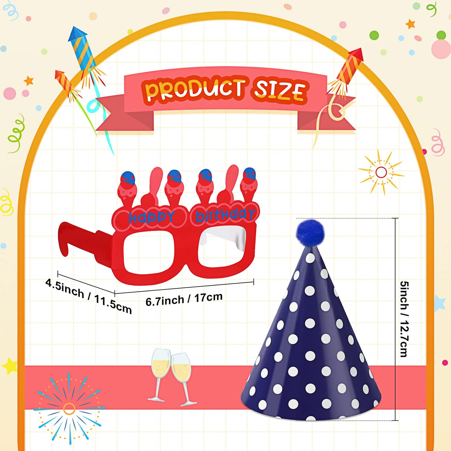 TaoBary 21 Pcs Kids Birthday Party Hats Set 10 Happy Birthday Glasses Paper Party Eyeglasses Frames Paper Party Hats Cone with P