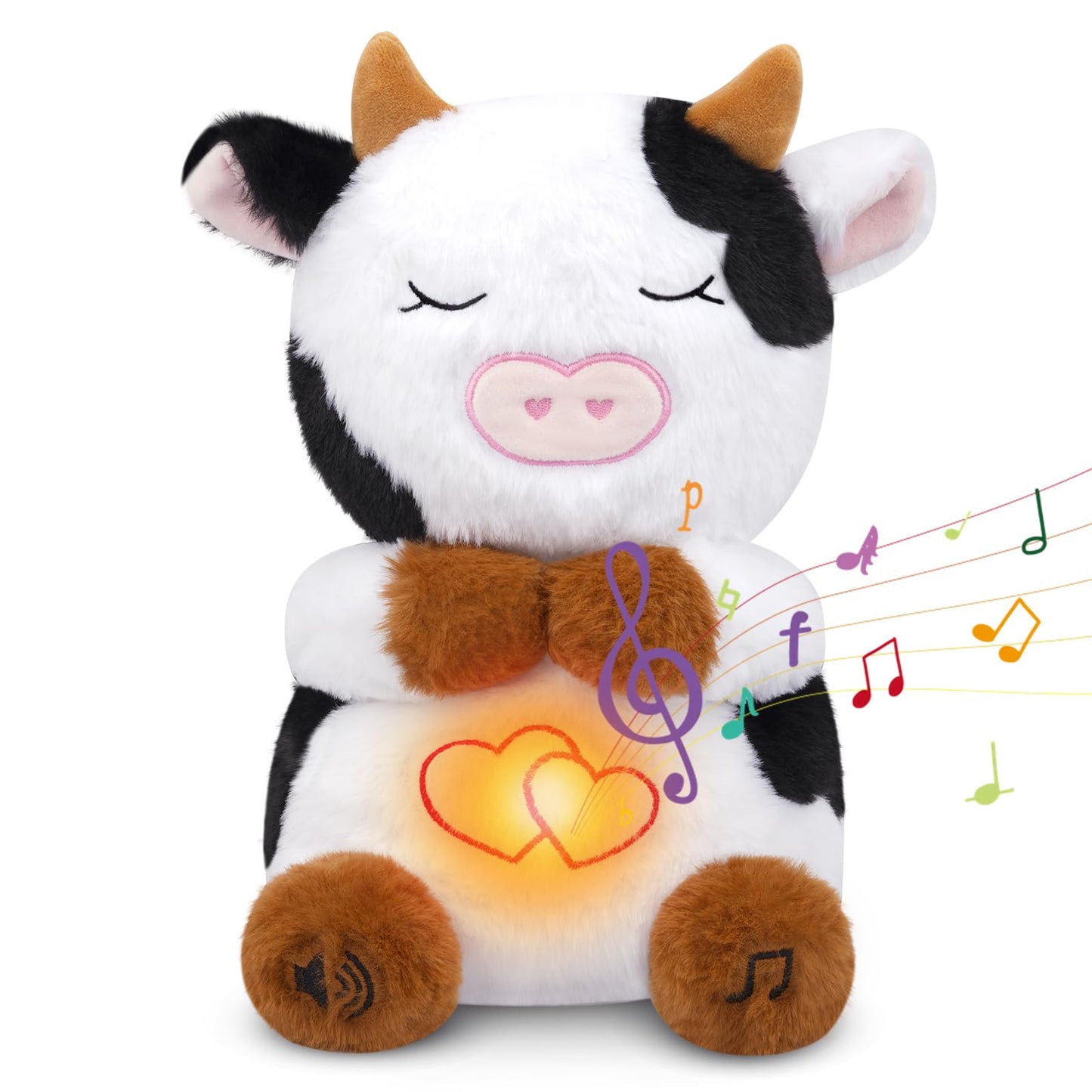 KOPHINYE Breathing Cow Stuffed Animal  11inch Cow Plush Soothing Stuffed Animal with Calming Music  Lights  Soft Breathing Sleeping Plush for Kids  mature-themed (3-Levels Mode & Volume)