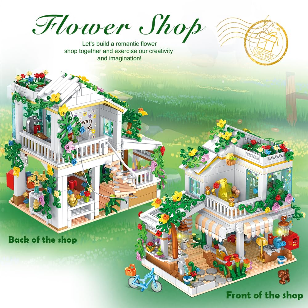 Jimujia Flower Shop Building Blocks Toy Set 742 Pieces Girl'S Favorite Flowers House Building Set Coffee Shop Gift For Kids Cons