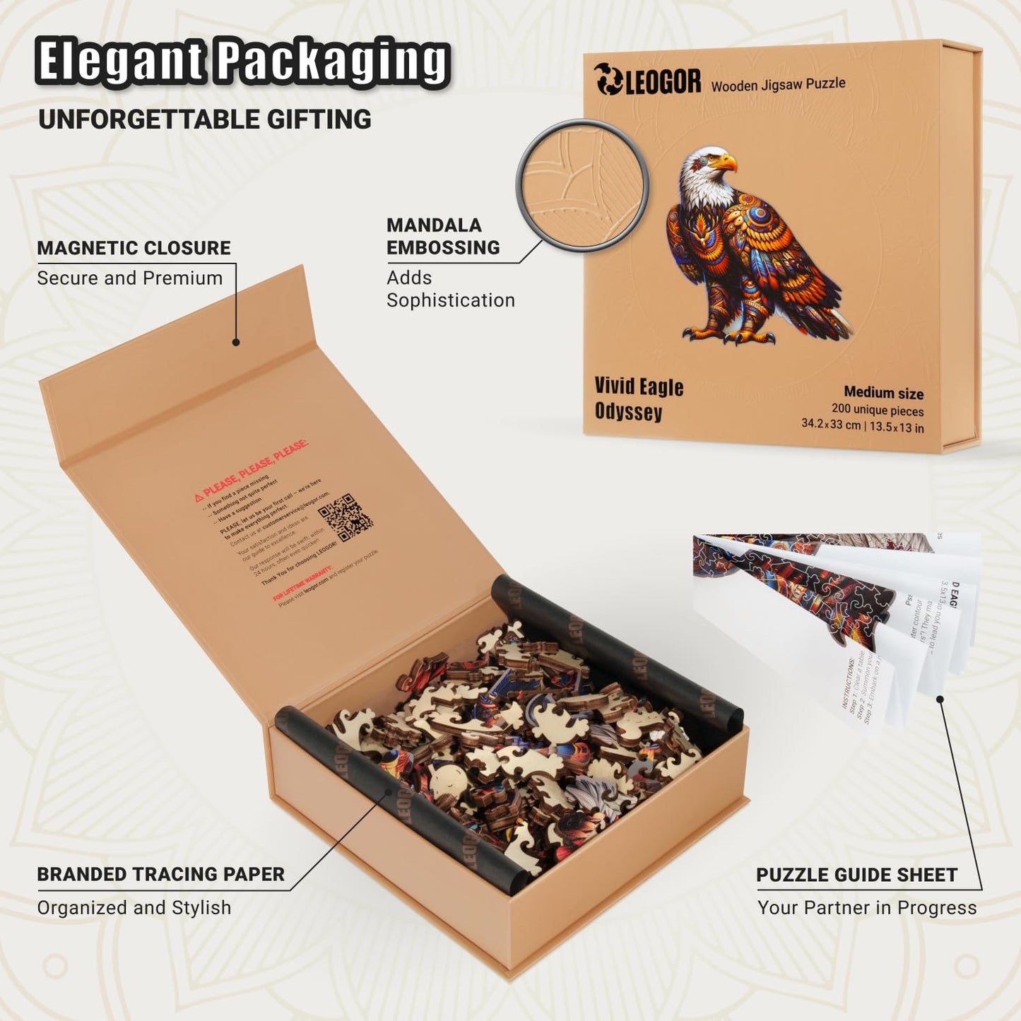 Vivid Eagle Odyssey - 200 Piece Wooden Puzzles for mature-themeds - 13.5 x 13 in - Extra-Thick 5 mm Wood Puzzle  Hand-Shaped Pieces  Iconic Bird Mosaic Design - enhanced Gift for Puzzle Lovers by LEOGOR