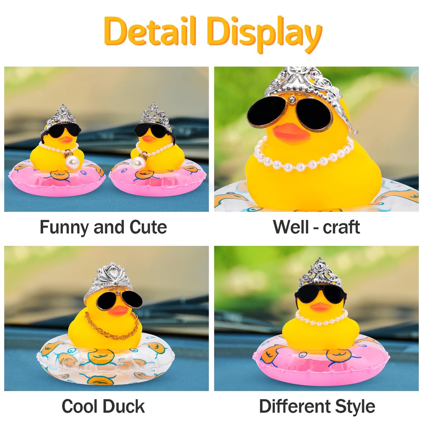 Wonuu Car Duck Rubber Duck Car Ornaments Duck Car Dashboard Decorations With Cute Headband Swim Ring Necklace Sunglasses, C-Male Crown&Pearl&Pink