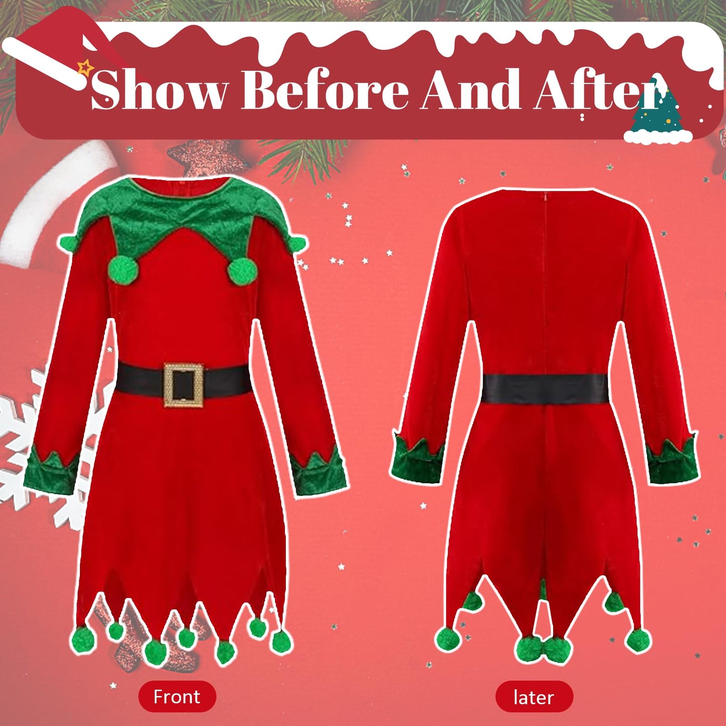 Reiwide Kids Girl Christmas Elf Costume: Velvet Dress Santa Helper Costume Xmas Festive Outfit - Hat Shoes Belt Striped Stocking
