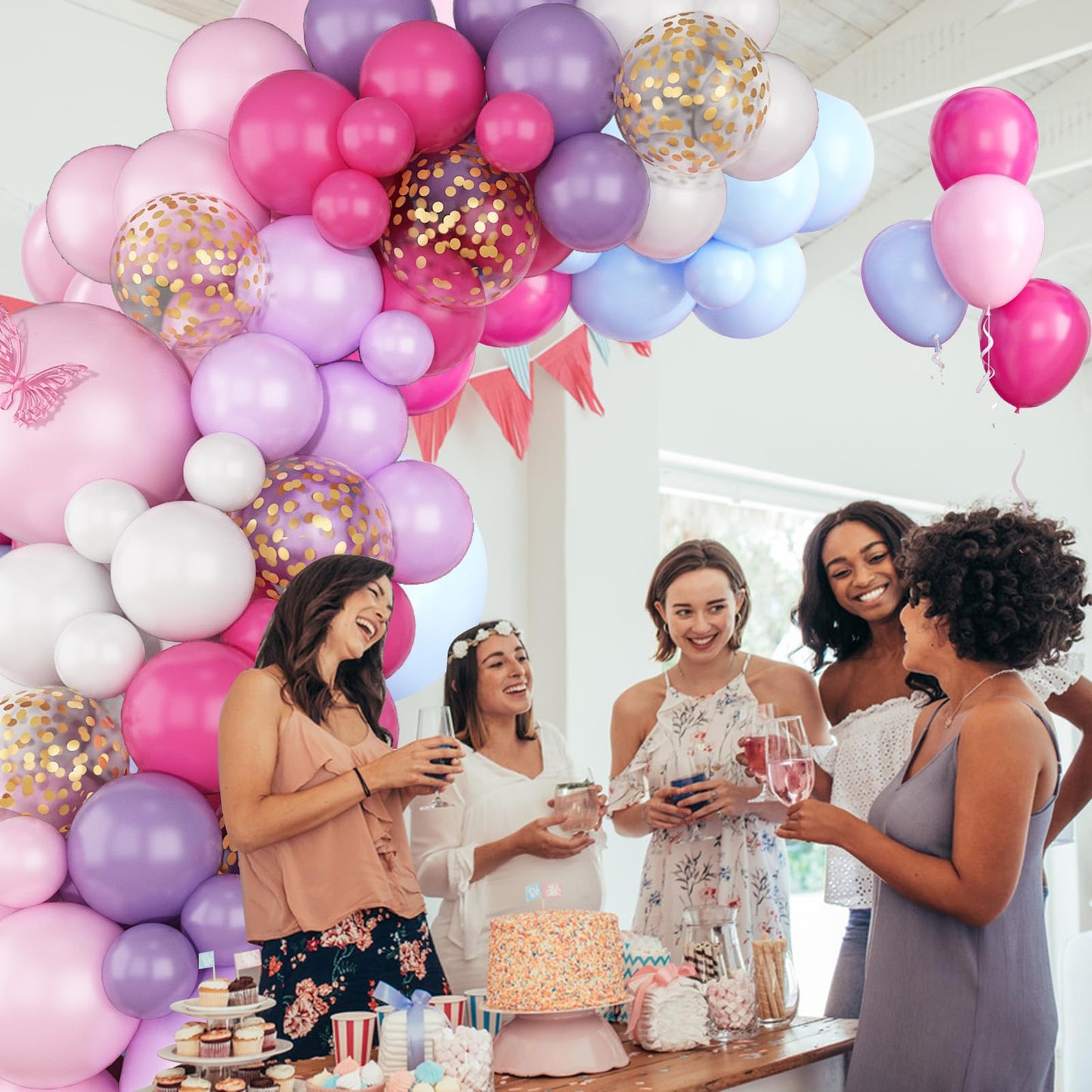 Pink And Purple Balloon Garland Arch Kit, Butterfly Balloon Arch Kit With Hot Pink Taro Purple Gold Confetti Balloons For Girls
