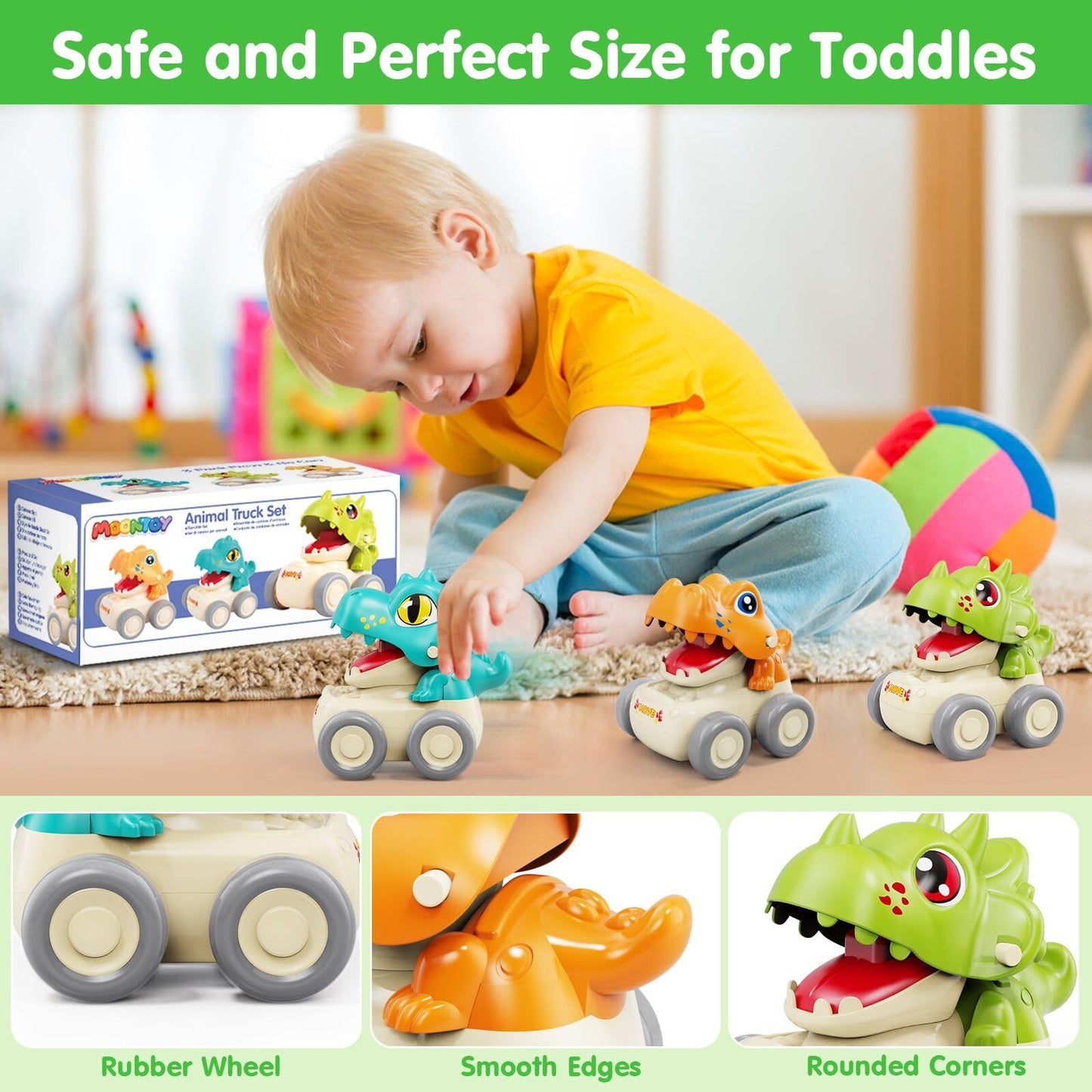 MOONTOY Baby Car Dinosaur Toys for 1 2 Year Old Boy Press and Go Cars for Toddlers 1-3, Push Go Dino Cars Toddler Toys Age 1-2 0