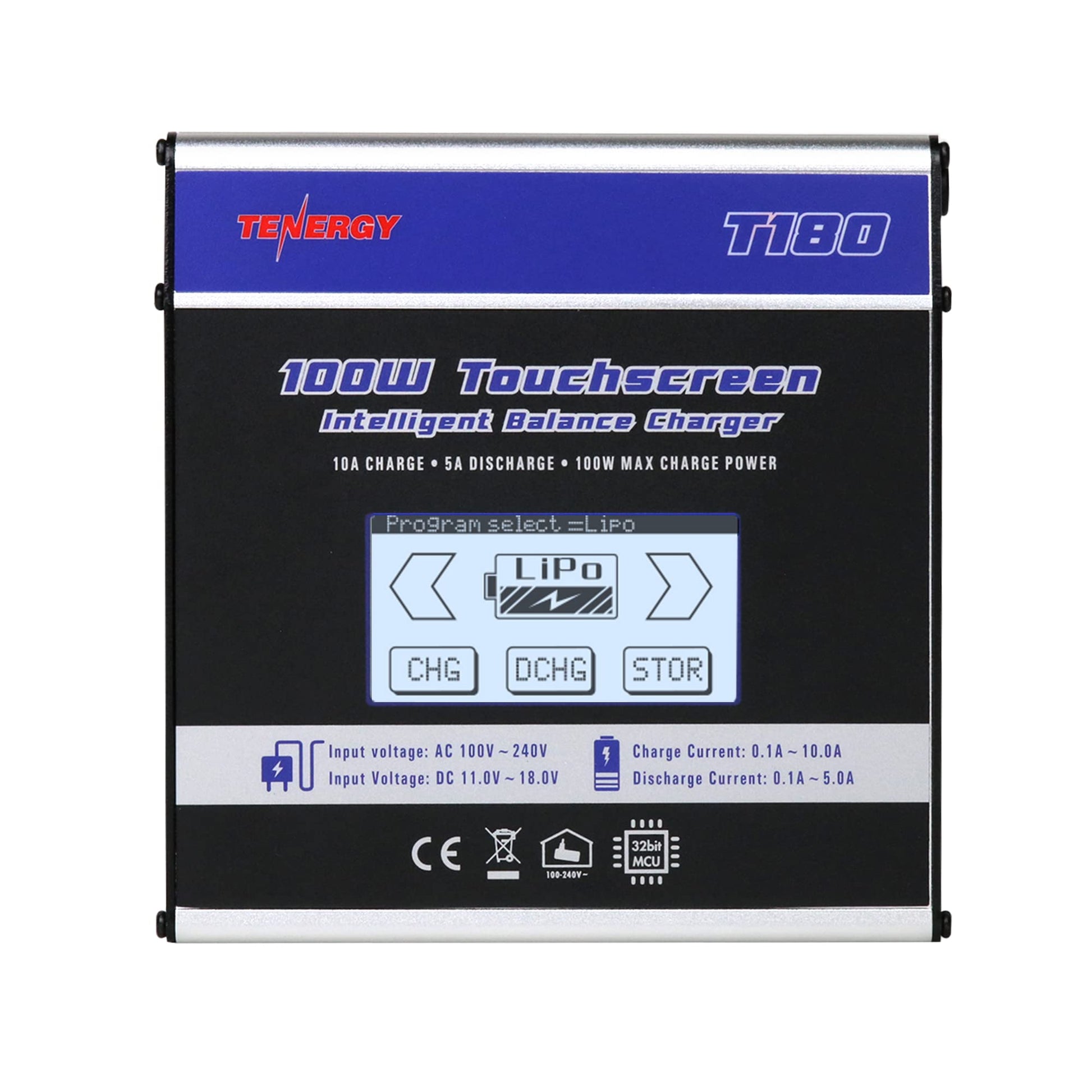 Tenergy T180 100W Balance Charger Discharger, Touch Screen RC Battery Charger for NiMH/NiCd/Li-Po/Li-Fe Packs, Durable Metal Hou
