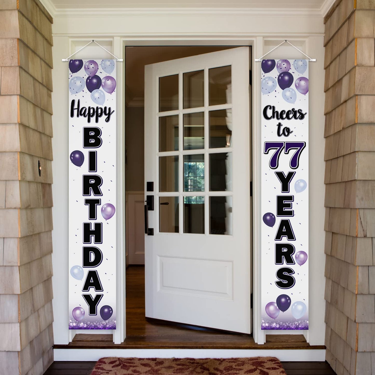 LASKYER Happy 77th Birthday Decorations,77th Purple Balloon Birthday Theme Door Hanging Banner Sign,77 Years Old Bday Party Supp