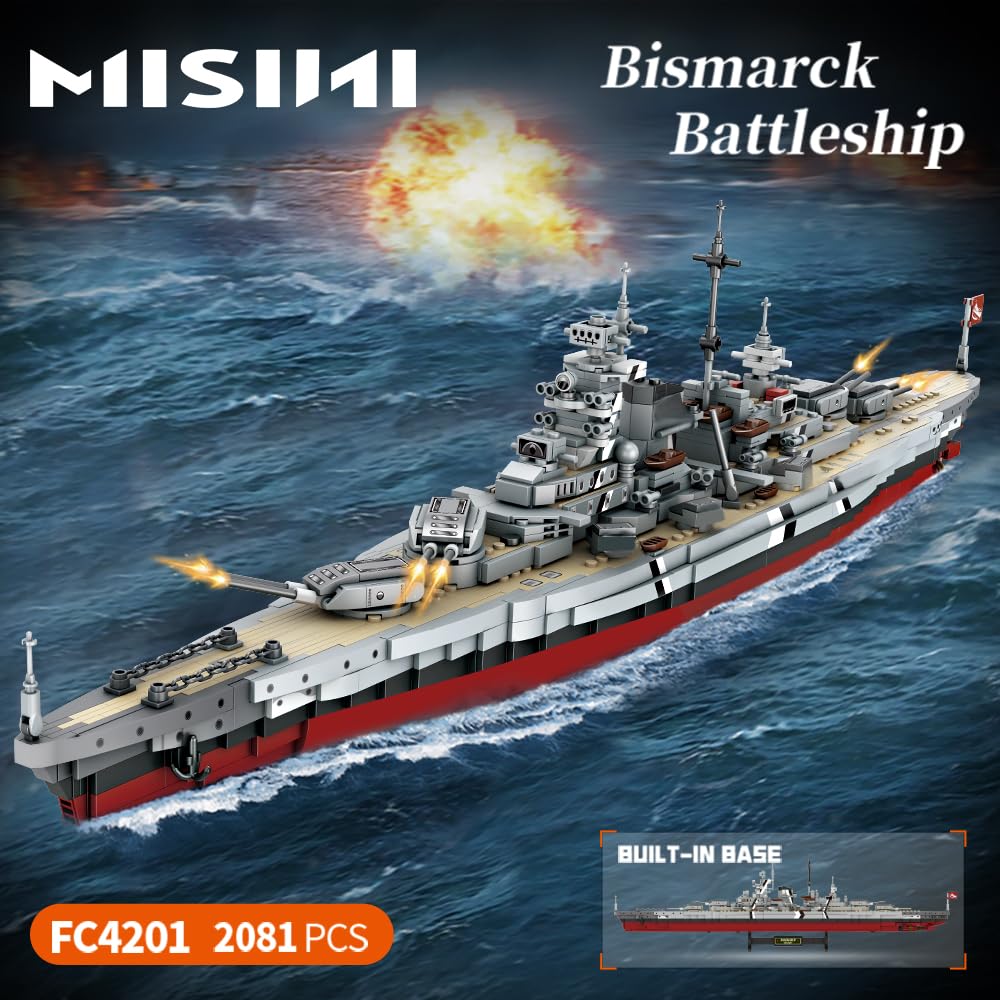 MISINI FC4201 German Battleship Bismarck Model, 2081 Pcs, Large Size, Clear ABS Material