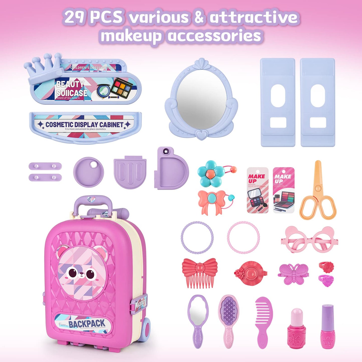 Deao 2 In 1 Makeup Table For Toddler Girls Vanity & Suitcase Set With Fashion Accessories Pretend Play Travel Suitcase Fashion B