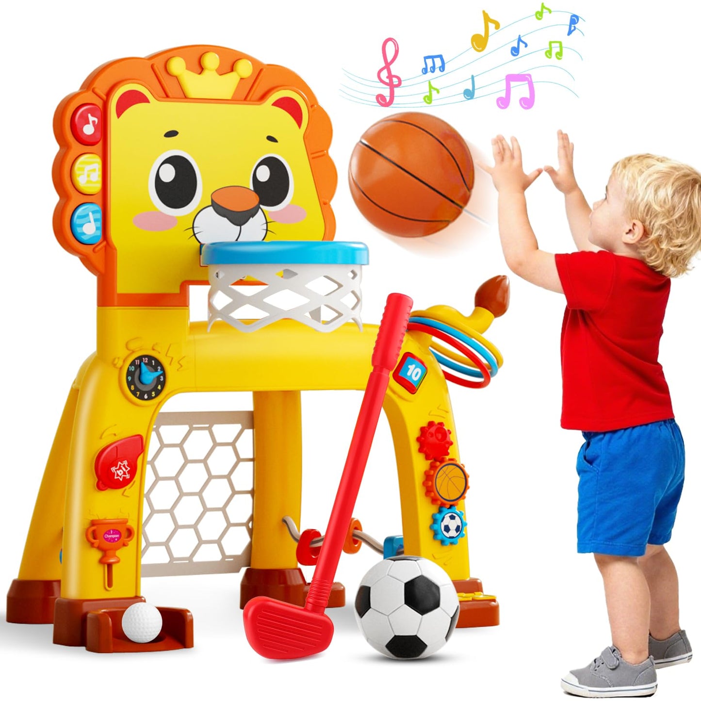 4-in-1 Toddler Basketball Hoop & Soccer Goal and Golf Toys, Interactive Lion Musical Sports Toys with Light for 1 2 3 Year Old B